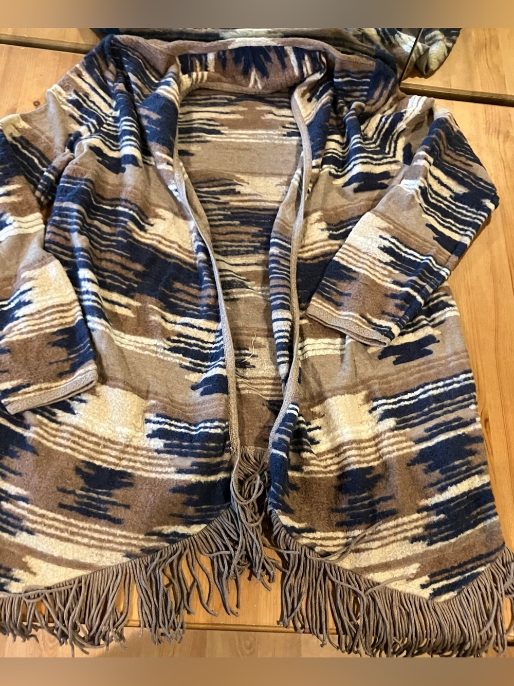 EUC Lucky Brand Brown, Taupe & Navy Fringe Aztec Open-Front Cardigan Size S